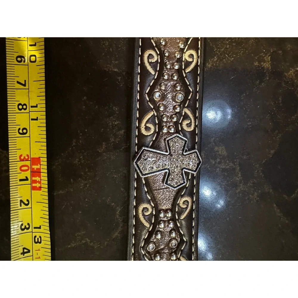 Ariat Brown Western Belt Rhinestone Cross Studded Buckle Size 28 A1302802